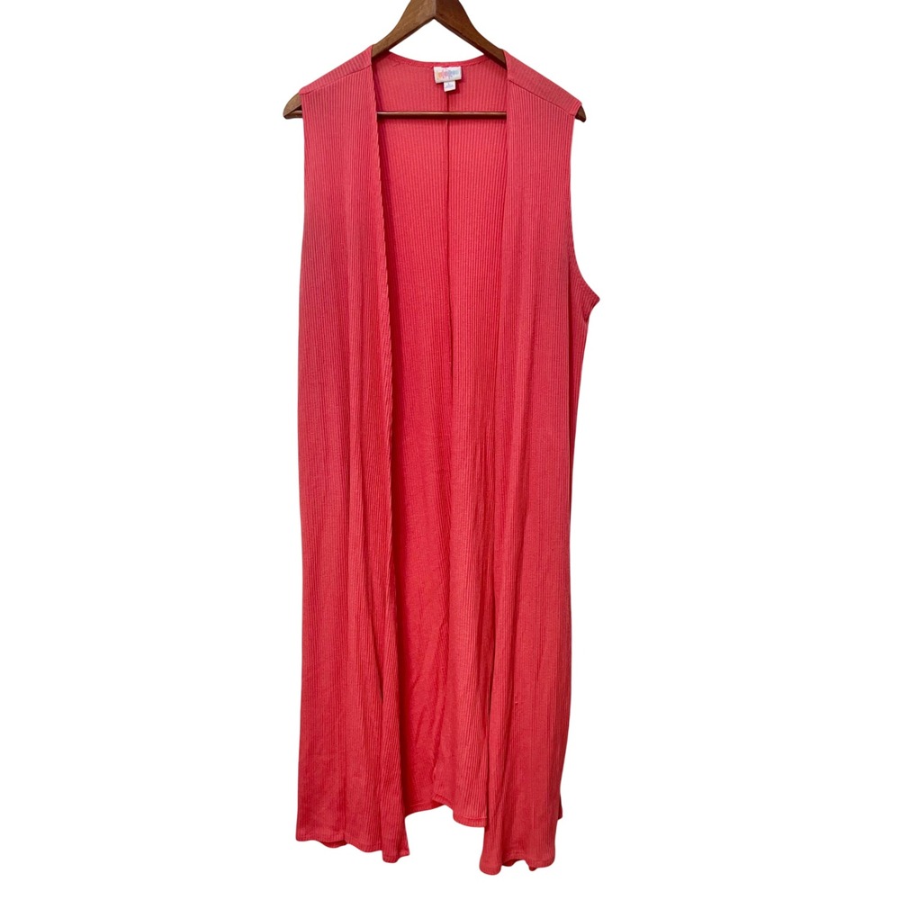 LuLaRoe Joy Pink Coral Ribbed Knit Maxi Vest Duster Cardigan Size L
